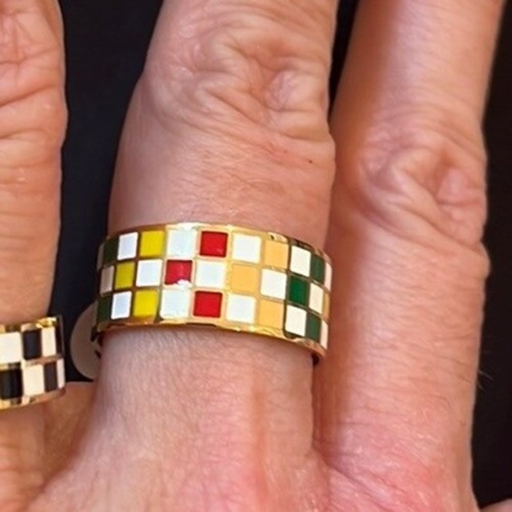 Colorful Checkered Band Titanium Ring Gold Plated‎ Statement Ring Size 7